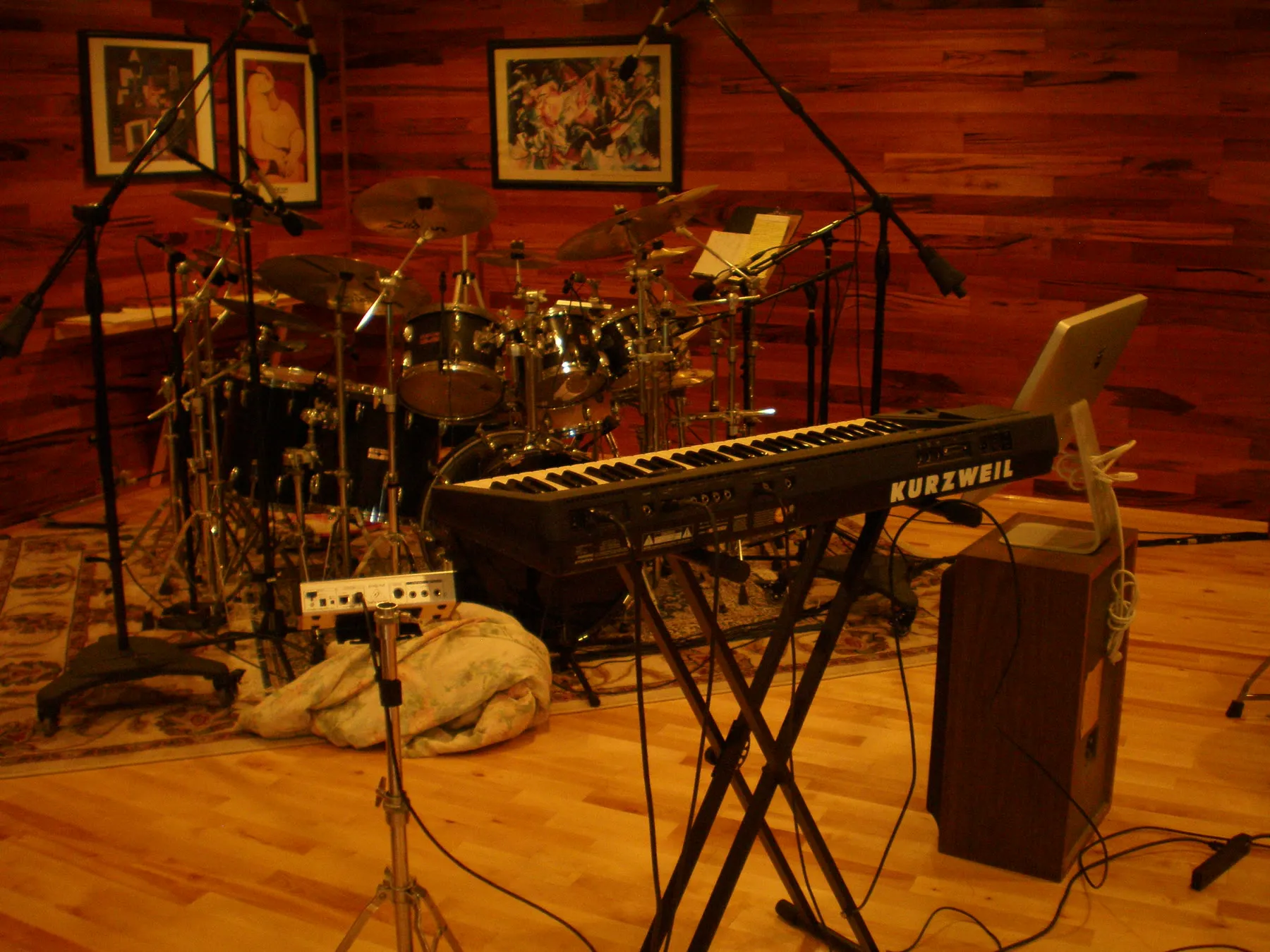 The drum kit and keyboard setup at Ascension Recording Studios